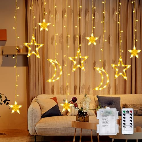 Mexllex Star Curtain Fairy Lights, 3.5m LED Star Fairy Lights Indoor, Battery Operated Star & Moon Christmas Window Lights, Fairy String Light with 8 Modes & Timer for Wedding, Party, Terrace, Lawn