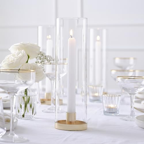 Ginger Ray Glass Hurricane Candle Holder with Gold Base and 1x White Candle Wedding Table Decoration 28cm