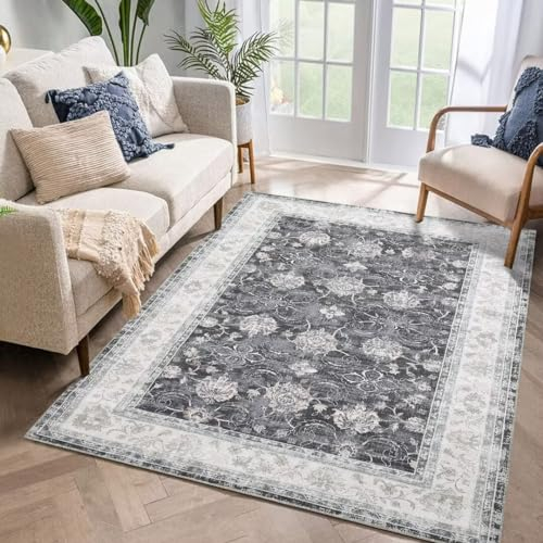 Auton Alfombra Lavable a máquina, 160 x 230 cm, diseño Vintage, Alfombra Antideslizante para salón, Dormitorio, Estampado Floral, Resistente a Las Manchas, decoración del hogar, Oficina, Color Negro