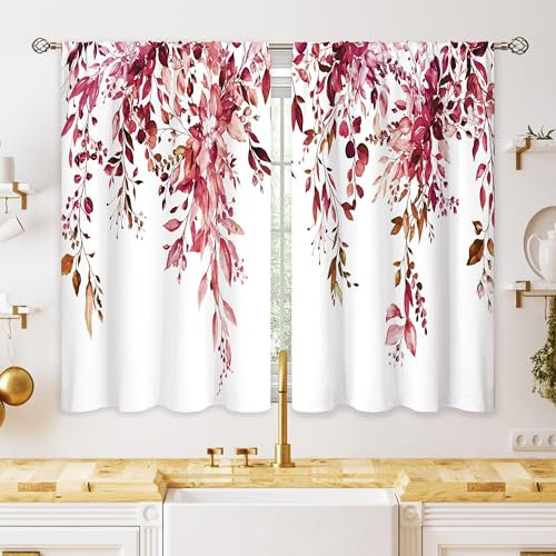 oolygoo Kleine Küchenvorhänge mit Eukalyptus-Motiv, Aquarell, Rot, Blätter, Fensterdekoration, Blume, Pflanze, botanisch, Café, kurze Vorhänge für Badezimmer, Esszimmer, Herbstdekoration, 66 x 91,4 cm