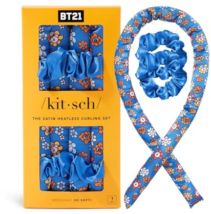 BT21 x Kitsch Satin Curls Set No Heat Curls Overnight Hair Rollers for Soft Curls and Frizz Free Styling Curlers for Sleeping Curling Iron Headband