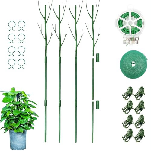 Lot de 4 piquets de support pour plantes d'intérieur, 109 cm, support de plantes Monstera avec clips pour orchidées, attaches torsadées et sangle de plantes, bâtons de brindilles pour plantes