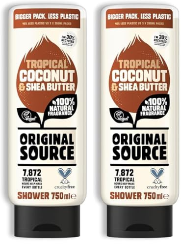Original Source Coconut and Shea Butter Shower Gel, 100 Percent Natural Fragrance, Vegan, Cruelty Free, Paraben Free, Large Bottle, 750 ml (Pack of 2)