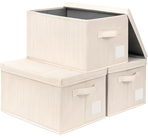 TIMEYARD Aufbewahrungsboxen mit Deckel, Aufbewahrungskorb für Badezimmer Regal, Kinderzimmer Deko, Korb Aufbewahrung für Schrank, Kleidung, Wäschekorb mit Deckel, Karton & Canvas, 37x25x21cm, Beige