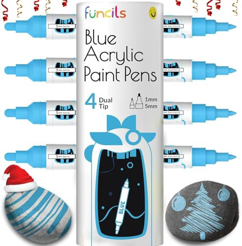 4 Dual Tip Blue Paint Pen Metallic - Fine Tip & Medium Acrylic Paint Markers - Blue Paint Marker for Metal, Wood, Rock Painting, Canvas, Ceramic, Glass, Fabric, Leaf and Plastic - Water-based Ink
