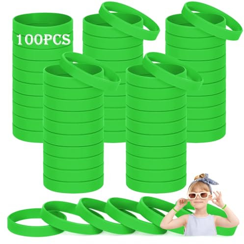 HONTIUS Kids silicone wristbands, 100PCS kids Green Rubber Wristbands Blank Wrist Bands Universal Wristband Set for Kids Child Children Kindergarden Team Sport(Suitable for 3-7aged)