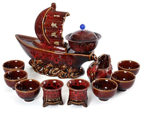 fanquare Halbautomatisches Teeservice Segelboot Alles Geht Glatt Rot Faules Chinesisches Kungfu Teeservice 11-teilig Traditionelle Teekanne Teetassenset Porzellan Tee Set für Erwachsene Geschenk