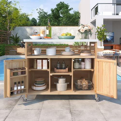 Ball & Cast Outdoor Kitchen Island,Rolling Bar Cart & Storage Cabinet,Farmhouse Solid Wood Outdoor Grill Table with Stainless Steel Top,Spice and Towel Rack,for Kitchen,Barbecue,Natural,50.25