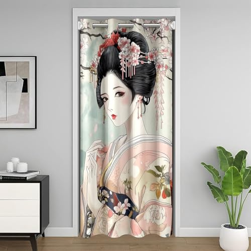 Loussiesd Japanische Geisha Mädchen Türvorhang 86x203cm Jungen Mädchen Kirschblüten Vorhang Japanischer Stil Türvorhang Japanische Tradition Ästhetisch Vorhang für Innentür Raumteiler