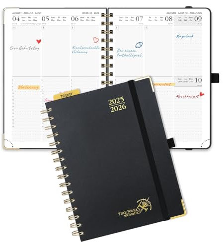 POPRUN Kalender 2025 2026 Buchkalender Ringbuch mit Hardcover, ca. A5 (21,5 x 16 cm), 17-Monate-Terminplaner (Aug.2025-Dez.2026), Wochenplaner 2025 2026 mit Plastiklineal - Schwarz