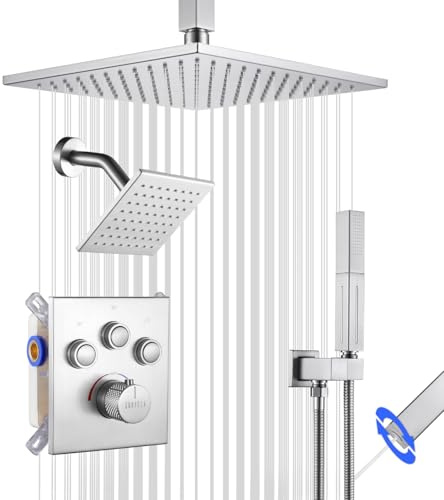 SHOYELA Thermostatic Shower Set System with 4PCS Body Jets Brushed Nickel, Push Button Diverter Shower Faucet with 2 in 1 Handheld, Wall Mount 10 Inch Shower Head【All Functions Simultaneous Use】