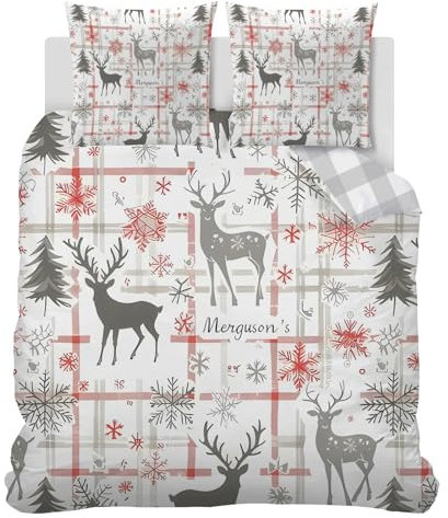 Housse de Couette 220x240 cm Cerf Noël Gris, Parure de Lit Adulte Imprimée Flocons Neige à Carreaux Réversible Parure Housse Couette 2 Personnes avec Fermeture Éclair + 2 Taie d'oreiller 65x65 cm