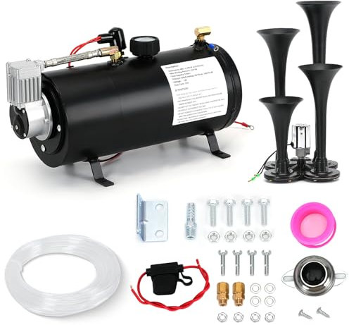 PTNHZ 150 dB Zughupen-Set, 12 V, 150 PSI Luftkompressor-Tankpumpe mit 3 Liter Tank und super lauter schwarzer 4-reihiger Trompete für Zug, LKW, Boot, Pickup, Wohnmobil