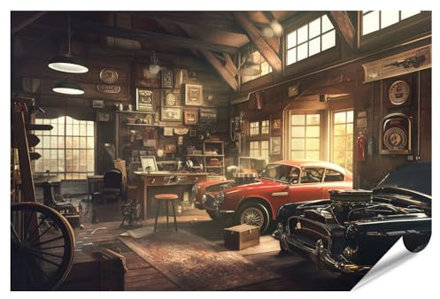 islandburner XXL Bild Poster Klassische Autos und Vintage Werkstatt für Wohnzimmer Automobil-Enthusiasten Autohandel Premium Bilder Fotodruck