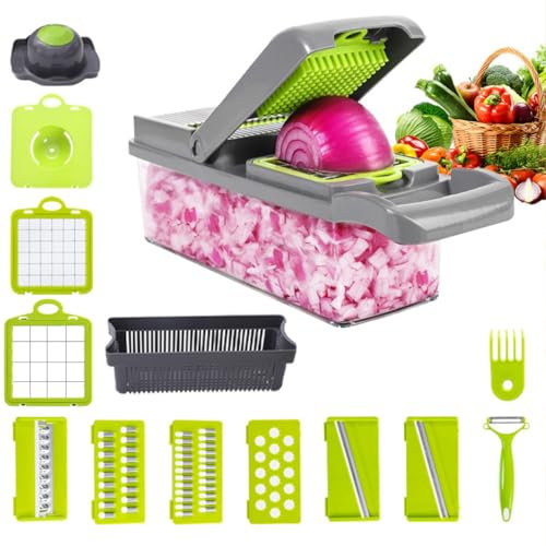 UUE Gemüseschneider, Kartoffelschneider Obstschneider, Reibe für Gemüse und Käse, Gemüseschneider 14-teilig Set für Würfel, Stifte, Scheiben, Streifen, Gurkenhobel Zwiebelschneider