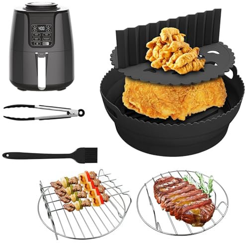 Silicone Air Fryer Liner, Reusable Ninja Air Fryer Accessories, 5.2L Collapsible Round Silicone Liners with Divider Insert Multicooker for Ninja Air Fryer AF100uk, AF160UK, COSORI
