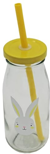 Widdle Gifts Glass Easter Milk Bottle and Re-useable Plastic Straw with Easter Bunny Design (Yellow)