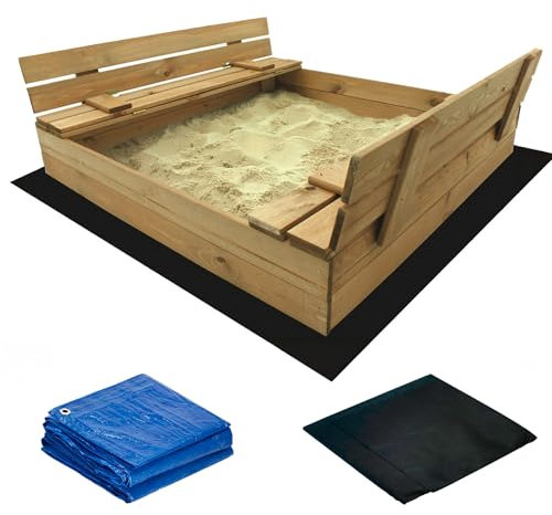 Muntel Sandkasten, Sandkasten Inklusive Bodentuch und Abdeckplane, Kindersandkasten,Sandkiste mit Bank, Holz, Imprägniert, Sitzbank,Mit klappbaren Bänken 120x120x20 cm