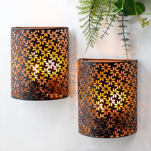 JHY DESIGN Set mit 2 Batteriebetriebenen Lampen 20 cm Hoch Wandleuchte Metall Rustikale Wandleuchte mit 6-Stunden-Timer für Wohnzimmer Schlafzimmer Flur Treppe (Braune Schneeflocke)