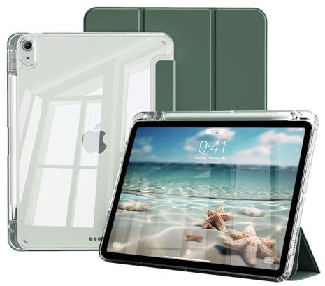 JKSML Hülle für iPad Air 11 Zoll (M4/M3/M2)/iPad Air 5./4. Gen 10.9 Zoll | Für iPad Air 11 (2026/2025/2024) & 10,9 (2022/2020), Transparente Rückseite mit Stifthalter, Auto-Schlaf/Weck,Dunkelgrün
