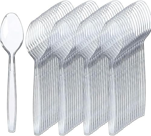 Pack of 100 Heavy Duty Clear Reusable and Washable Spoons Cutlery Tablespoon Perfect for Parties and Basic Everyday Tableware and Dinnerware