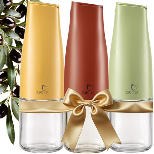itsufirst® Olive Oil & Vinegar Dispenser Set - 3x500ml Auto Flip Non-Drip Non-Spill Glass Pourers, Leakproof Oil Bottles for Kitchen, Vinegar Drizzlers for Cooking, (Earthy Red+Yellow+Green) Set Of 3