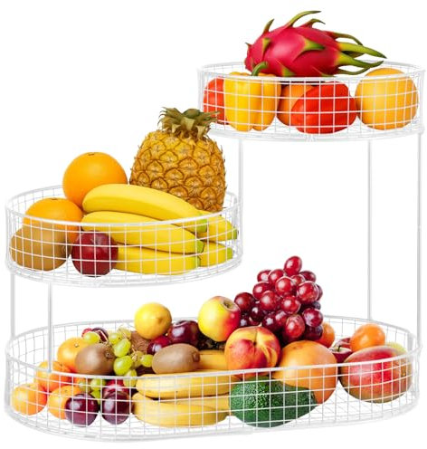 JF HOME BLISS 3-Tier Metal Fruit Basket Large Countertop Fruit & Vegetable Storage Stand for Kitchen Dining Table Space-Saving Organizer for Apples Bananas Onions Snacks Bread (White)
