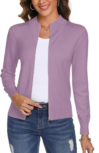 Aottori Gilet Zippé Femme Cardigan Col Montant Veste Chic Elegant Tricot | Pull Léger, Basique, Couleur Unie, Manches Longues, Doux Confortable, Automne Printemps, Bureau Quotidien