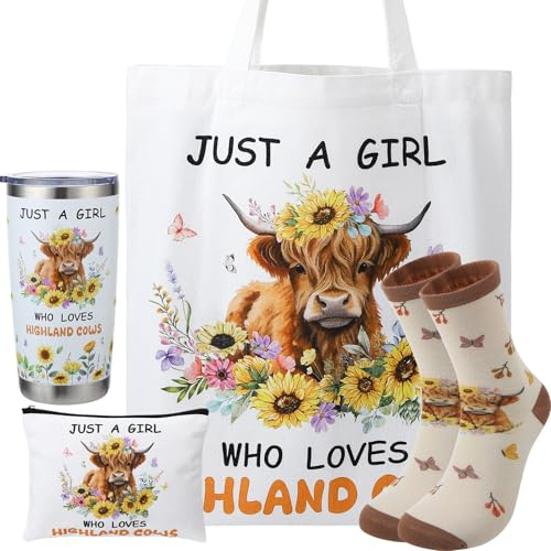 saerryor Highland Cow Gifts Set,Tumbler,Tote Bag,Makeup Bag,Socks | Cow Lover Kpop Book Duck Gifts for Women Girls,Present for Auntie Mum Wife Friends Sister Colleagues