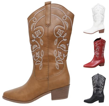 Cowboy Boots for Women, Wide Calf Cowgirl Boots Chunky Heel Western Mid Calf Square Toe Womens Cowboy Boot Country Riding Embroidered Shoes for Parties Proms