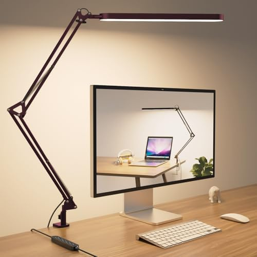 SKYLEO Schreibtischlampe LED – Schreibtisch Lampe – 5 Farbmodi x 11 Helligkeitsstufen – Verstellbarer Schwenkarm – Timmer und Speicherfunktion – 12W Desk Lamp – Rot