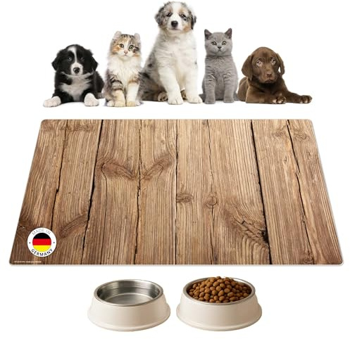 Napfunterlage | Futtermatte für Hunde und Katzen „Holzdiele Hellbraun“ aus Premium Vinyl - 60x40 cm – rutschhemmend, abwaschbar, reißfest - Made in Germany