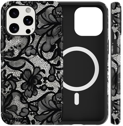 Yoedge Magnetisch Handyhülle für iPhone 16 Pro Hülle Spitze Blumen Muster | Aesthetic Schwarz Lace Design Case für Frauen Mädchen, Kompatibel mit MagSafe, Dünn Silikon Kratzfest Schutzhülle Cover, 01