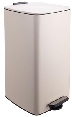 Relaxdays Mülleimer Küche, 30 Liter, Absenkautomatik, entnehmbarer Inneneimer, Mattes Metall, eckiger Treteimer, beige