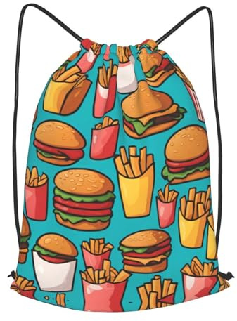 BLWSLC Cartoon-Burger-Pommes-Rucksack, bedruckt, Sport, Kordelzug, Fitness, Reiserucksack, geeignet für Fitnessstudio und Reisen, Schwarz, Small
