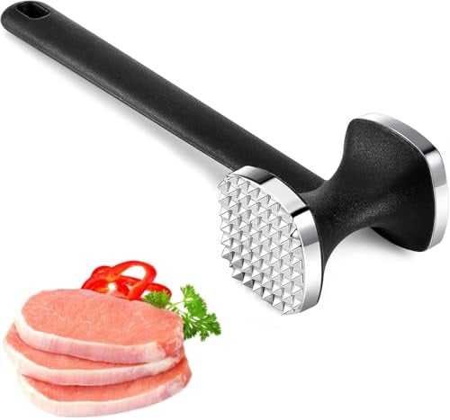 Heyumybit Fleischklopfer,Schnitzelklopfer,Fleischhammer,Doppelseitiger Fleischklopfer,Zartmacherhammer mit Rutschfestem Griff für Steak,Schnitzel,Rindfleisch,Huhn(Silber)