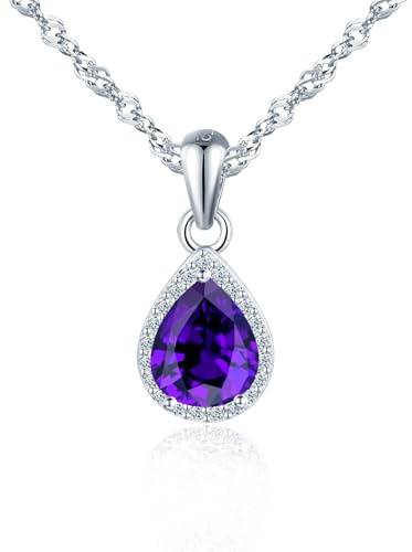 MicLee Dame 925 Sterling Silber Lila Edelsteine Halskette Schlüsselbein Kette mit Zirkonia Anhänger Hypoallergen Frauen Collier Schmuck für Alltag Hochzeit Party