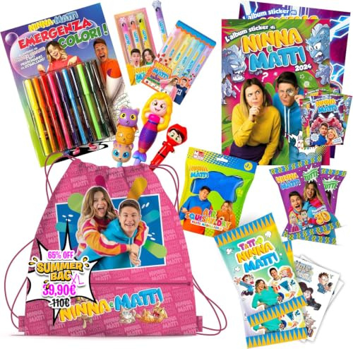 NINNA e MATTI Summer Bag, Box Regalo con Tantissimi Prodotti Ufficiali | Gadget, Figurine, Pupazzetti, Penne etc. (Summer Bag XL - 30 Pezzi)