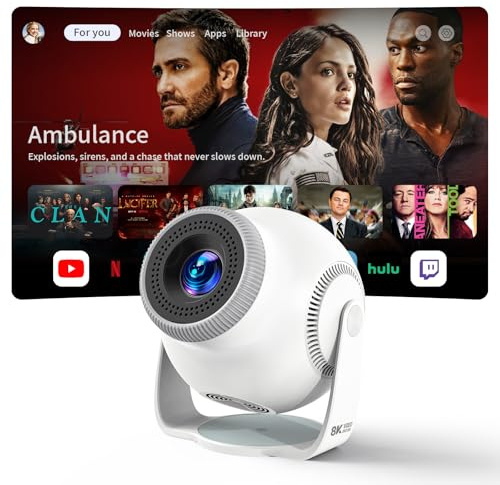 Mini Projector with WiFi 6, Bluetooth 5.4, Android 14 OS, Support 1080P 4K, 270° Rotation, Smart Projector for Bedroom, Home Cinema and Outdoor Movies