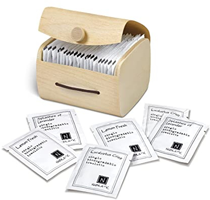Nabila K Lavender, Eucalyptus & Lemon Moist Towelettes Variety Pack - 20 Individually Wrapped Single-Use Wipes with Bamboo Gift Case - Alcohol-Free, Plant-Based - Travel, Guest Bathroom, Spa, Events
