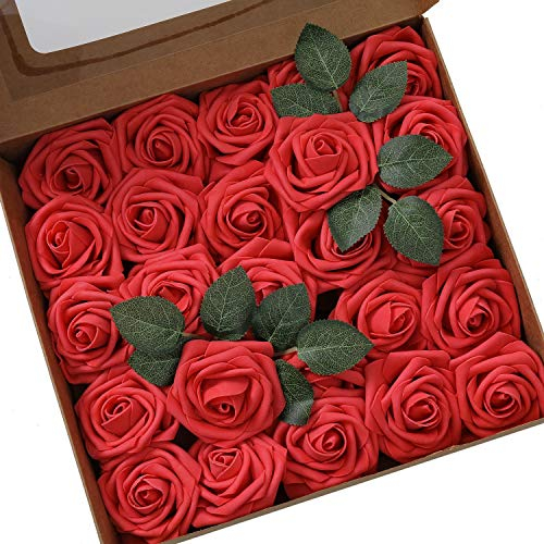 Künstliche Rosen Blumen Schaumrosen Foamrosen Kunstblumen Rosenköpfe Gefälschte Kunstrose Rose DIY Hochzeit Blumensträuße Braut Zuhause Dekoration (25 Stück, Rot)