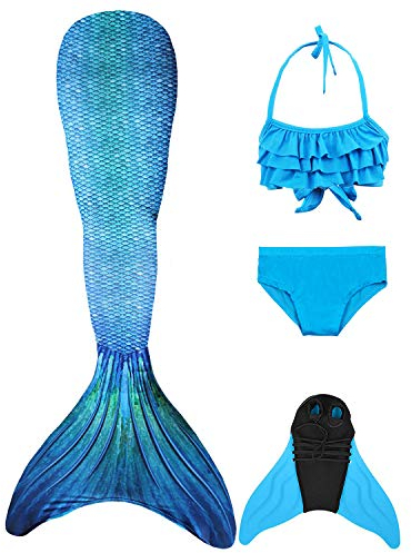 FOLOEO Mädchen Meerjungfrauenschwanz Zum Schwimmen mit Meerjungfrau Flosse- Prinzessin Cosplay Bademode für das Schwimmen mit Bikini Set und Monoflosse, 4 Stück Set, Mehrfarbig (GN08), 130