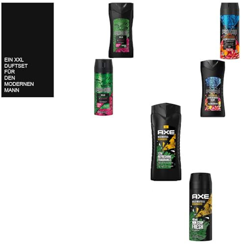 7tlg. STUDIO.MUNET Set: Axe Männer Deo Body Spray + Duschgel | 3 Sorten | Wild Green Wood & Cedarwood | Wild Fresh Pepper | Skateboard + Dustbag von STUDIO.MUNET