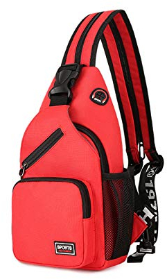 FANDARE Damen Brusttasche Klein Rucksack mit Kopfhörerloch Sling Bag Mädchen Schultertasche Crossbody Umhängetasche Reisen Wandern Sport Daypack Dauerhaft Polyester Rot