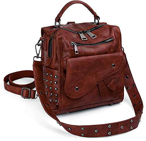 UTO Mini Rucksack Damen Mode Kunstleder Handtasche Retro-Stil Nieten konvertibeler Tagesrucksack Mädchen Umhängetasche Frauen Braun