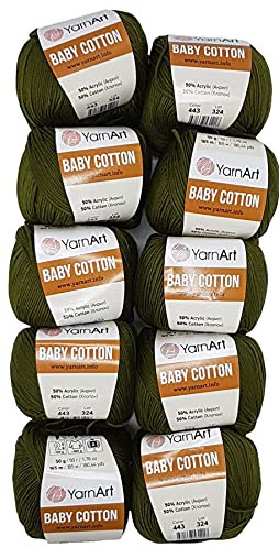 10 x 50g Strickwolle YarnArt Baby Cotton mit 50% Baumwolle, 500 Gramm Wolle einfarbig (grün 443)