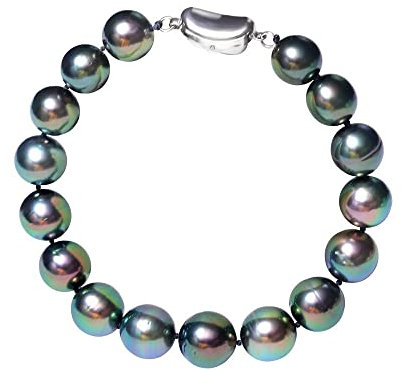 Tahiti AA + natürliche Perle Pfauengrün, 925er Silberschnalle, elastisches Armband, Modeschmuck, geeignet für Damen, One Size