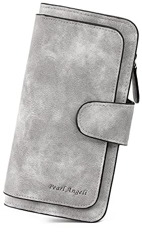 Pearl Angeli Geldbörse Damen,Leder Clutch, RFID-Blockierung, Große Kapazität, Dreifach Gefaltet, Multi-Kartenhalter Organize (Grau)