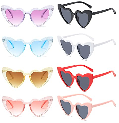 Yomaido 8 Stück Vintage Herz_förmige Sonnenbrille, Retro Katzenaugen Sonnenbrillen Set, Hippie Party Brille für Geburtstagsfeier, Hochzeit, Damen und Frauen