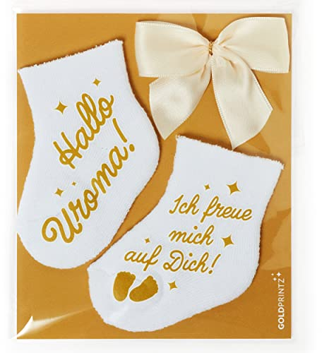 goldprintz Schwangerschaft verkünden Uroma - bedruckte Babysocken mit Postkarte zum Verschenken und Verschicken - du wirst Uroma Überraschung - Handarbeit aus Deutschland